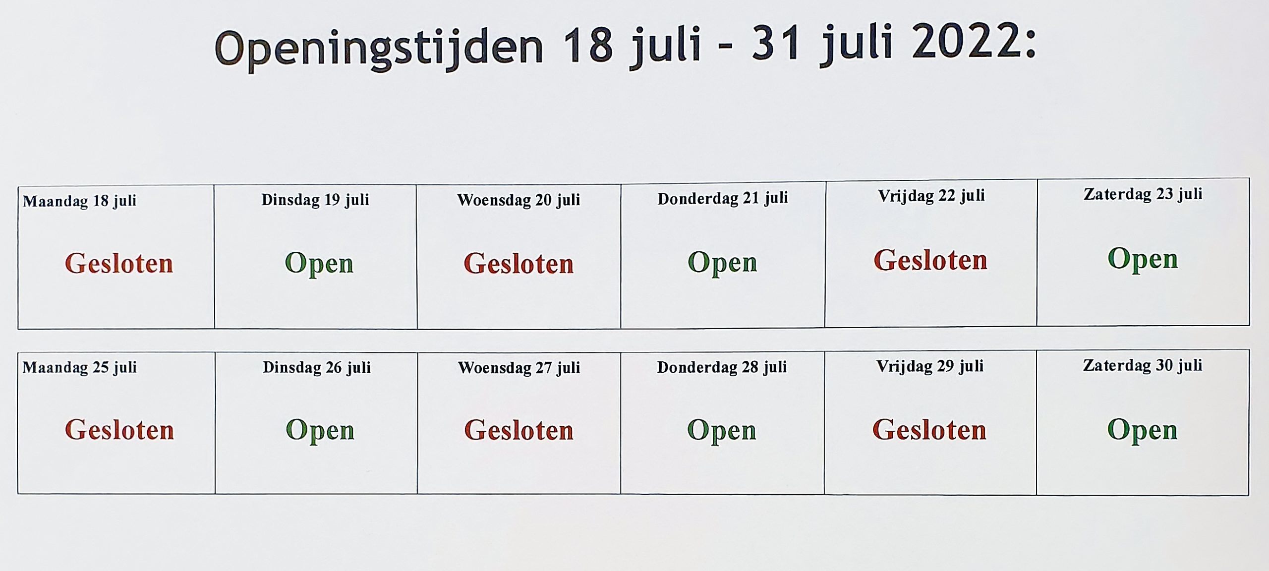 Vakantierooster 18 31 juli! Optiek Peter